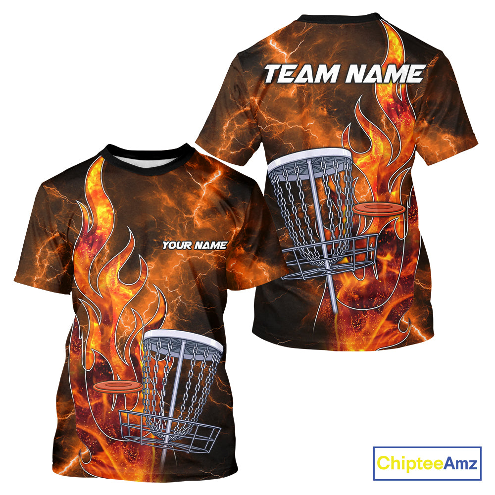 Orange Flame Lightning Thunder Disc golf T-Shirt For Men, Women Custom Team disc golf outfits NQS10847