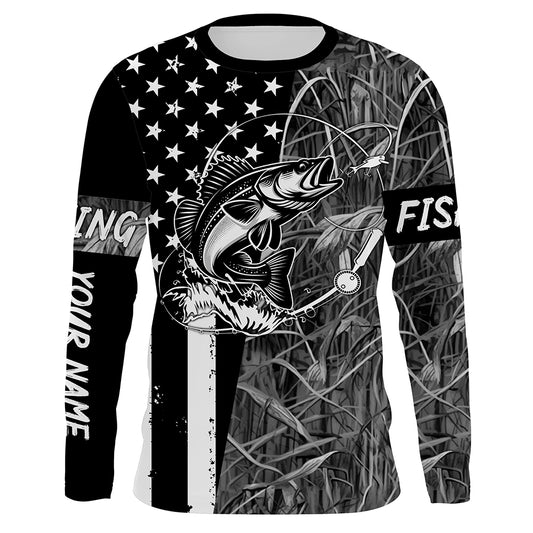Walleye fishing custom name black American flag camo performance long sleeve fishing shirts for men NQSD99