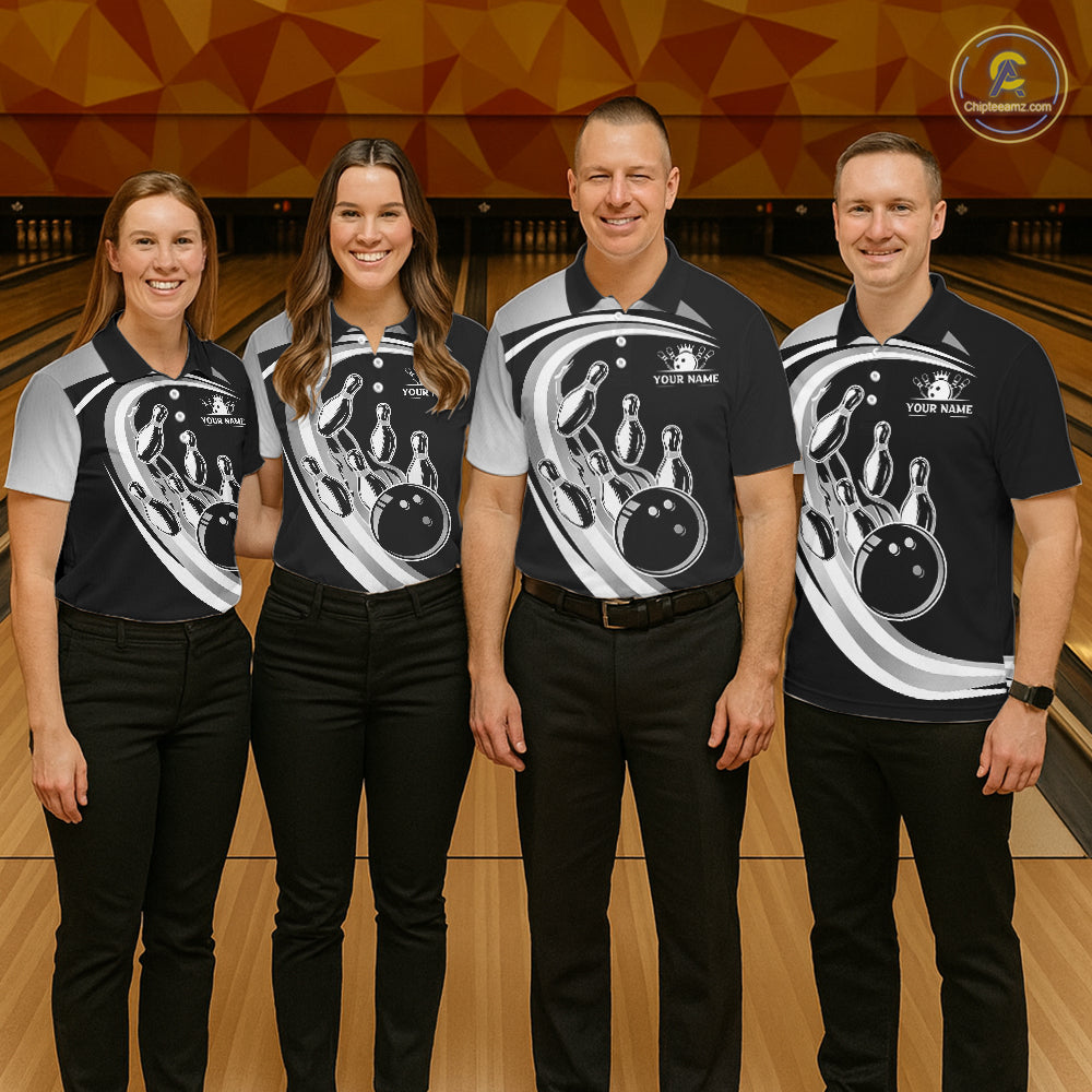Black and Silver Bowling Shirts For Men Custom Bowling Team League Jerseys, Gift For Bowler NQS11416