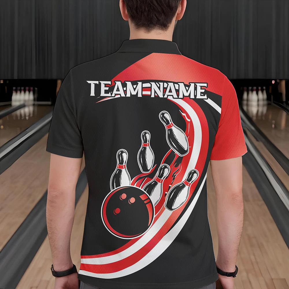 Black and Red Bowling Polo, 1/4 Zip Shirt For Men Custom Bowling Team League Jersey, Gift For Bowler NQS9490