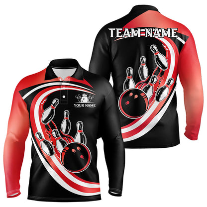 Black and Red Bowling Polo, 1/4 Zip Shirt For Men Custom Bowling Team League Jersey, Gift For Bowler NQS9490