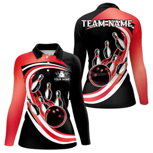 Black & Red Bowling Polo, 1/4 Zip Shirt For Women Custom Bowling Team League Jersey, Gift For Bowler NQS9490