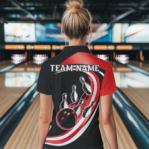 Black & Red Bowling Polo, 1/4 Zip Shirt For Women Custom Bowling Team League Jersey, Gift For Bowler NQS9490