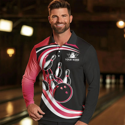 Black and Pink Bowling Polo, 1/4 Zip Shirt For Men Custom Bowling Team League Jersey, Gift For Bowler NQS9491