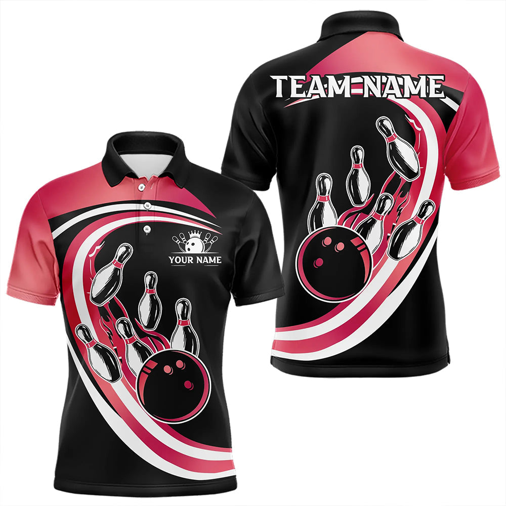 Black and Pink Bowling Polo, 1/4 Zip Shirt For Men Custom Bowling Team League Jersey, Gift For Bowler NQS9491