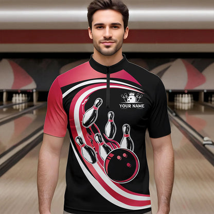 Black and Pink Bowling Polo, 1/4 Zip Shirt For Men Custom Bowling Team League Jersey, Gift For Bowler NQS9491