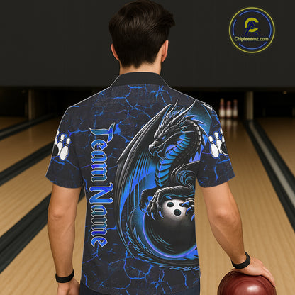 Black And Blue Custom Dragon Bowling Button-up Shirts, Dragon Hawaiian Bowling Team Shirts NQS11620