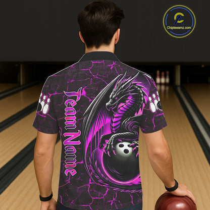 Black And Pink Custom Dragon Bowling Button-up Shirts, Dragon Hawaiian Bowling Team Shirts NQS11622