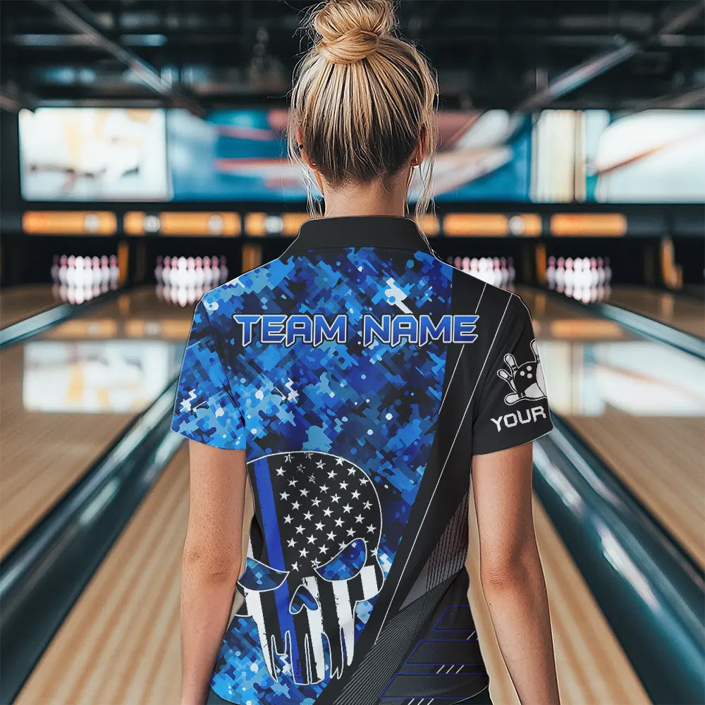 Black and White American Flag Skull Blue Camo Bowling Shirts For Women Custom Team Bowling Jerseys NQS9654