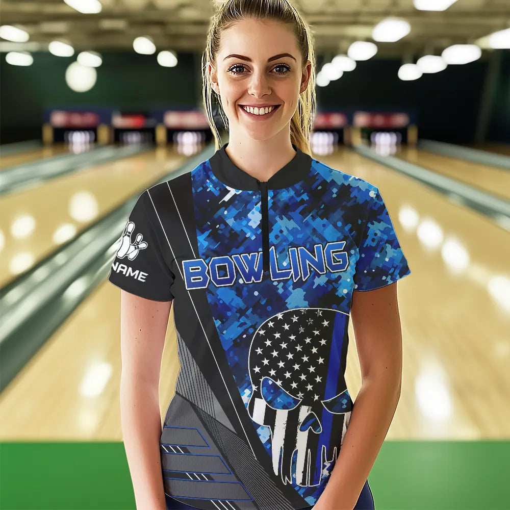 Black and White American Flag Skull Blue Camo Bowling Shirts For Women Custom Team Bowling Jerseys NQS9654