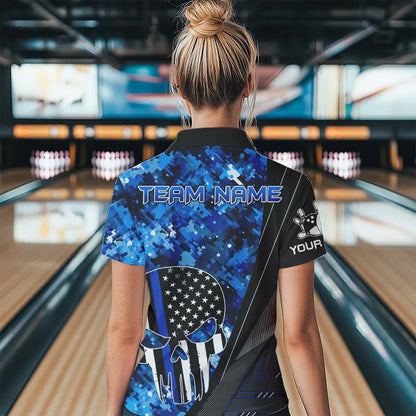 Black and White American Flag Skull Blue Camo Bowling Shirts For Women Custom Team Bowling Jerseys NQS9654