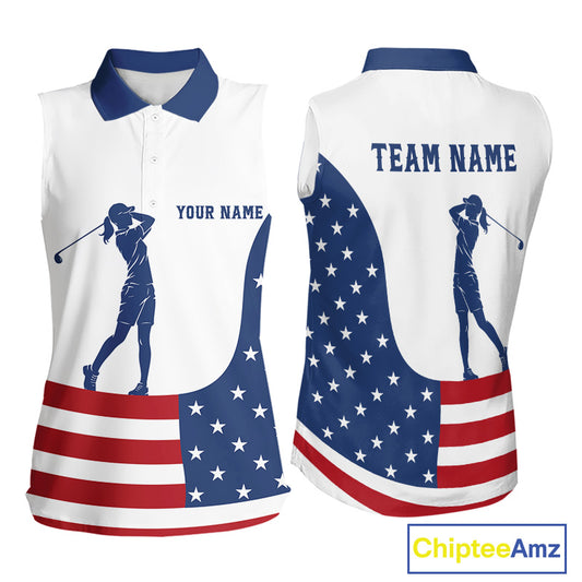Red, White and Blue American Flag Sleeveless Golf polo shirt custom patriotic ladies golf outfit NQS11728