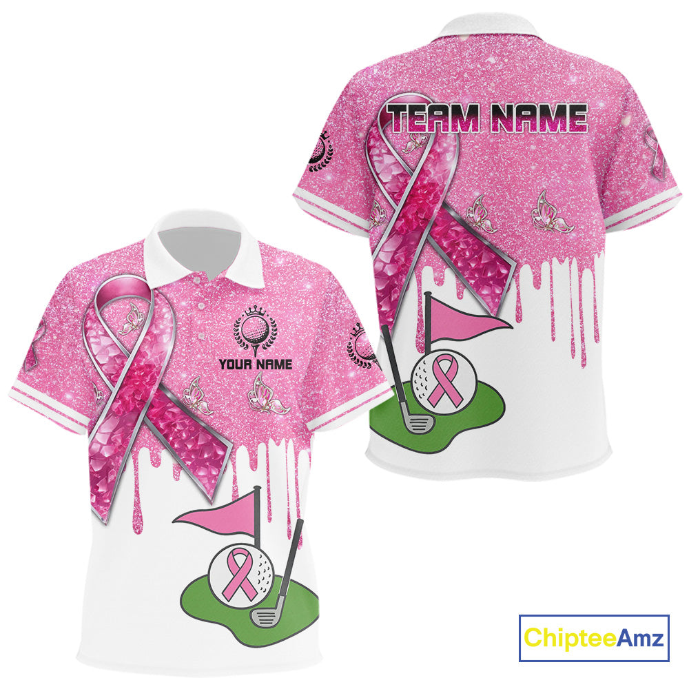 Pink ribbon glitter Golf Polo Shirts For Kid Custom team golf jerseys, breast cancer golf shirts NQS9882