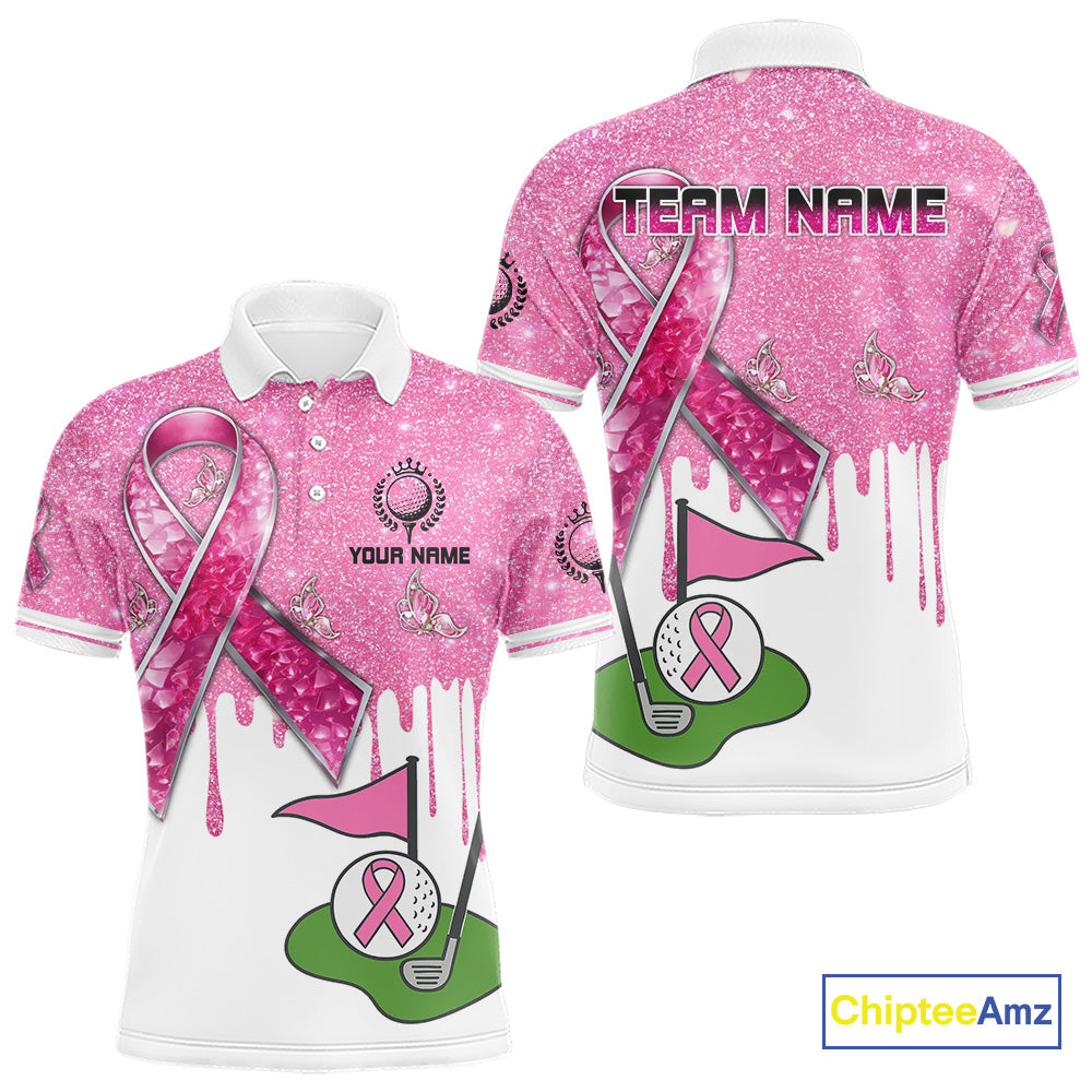 Pink ribbon glitter Golf Polo Shirts For Men Custom team golf jerseys, breast cancer golf shirts NQS9882