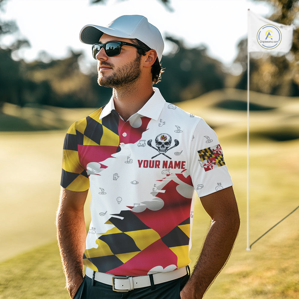 Maryland Flag Golf Clubs Skull Golf Camo Men golf polo shirts Custom Patriotic Golf Team Jerseys NQS9937