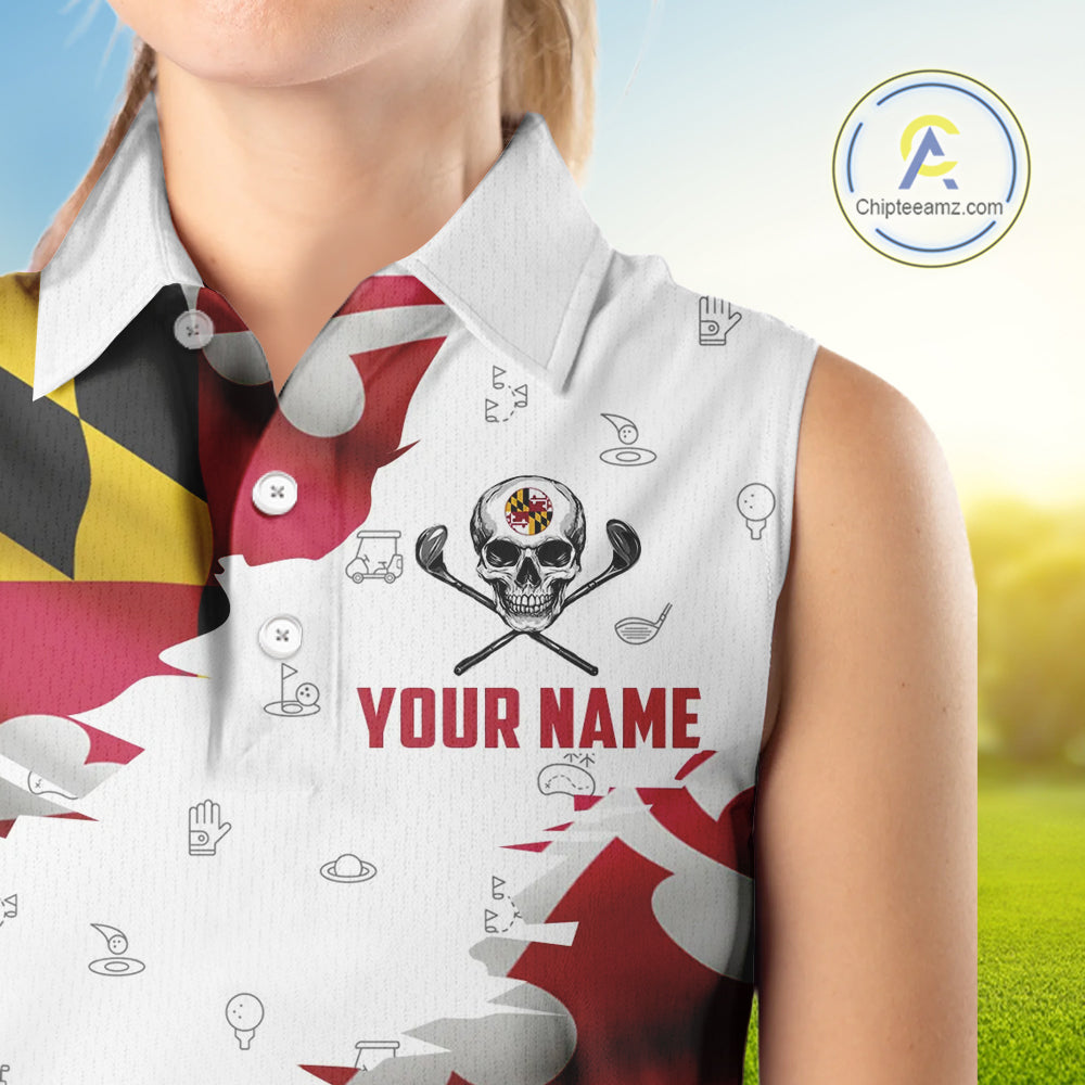 Maryland Flag Golf Clubs Skull Golf Camo Women sleeveless polo shirt Custom Patriotic Golf Team Jersey NQS9937