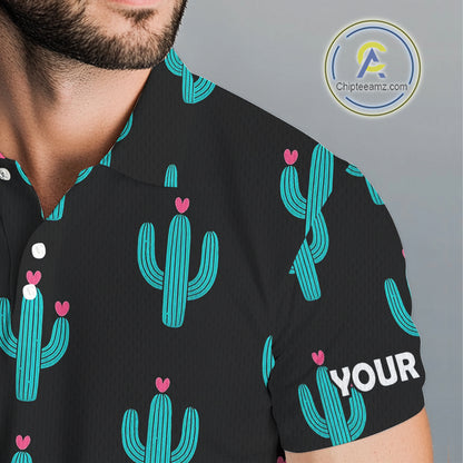 Personalized black and green cactus flower pattern mens golf polo shirts custom cactus golf shirts NQS9942