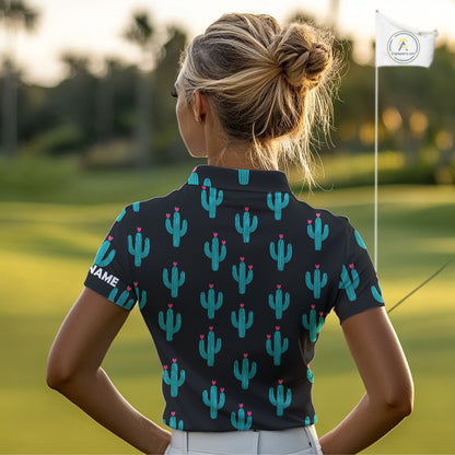 Personalized black & green cactus flower pattern Women golf polo shirts custom cactus golf shirts NQS9942