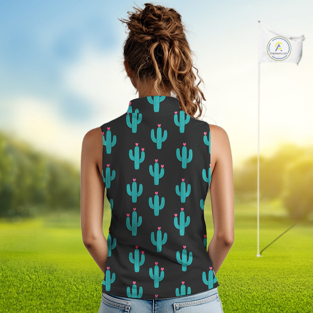 Personalized black & green cactus flower pattern Women sleeveless polo shirt custom cactus golf shirts NQS9942