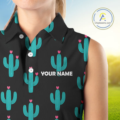 Personalized black & green cactus flower pattern Women sleeveless polo shirt custom cactus golf shirts NQS9942