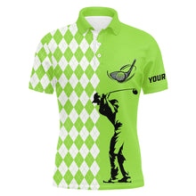 Load image into Gallery viewer, Personalized white argyle plaid pattern Mens golf polo shirts, custom Green golf tops for mens NQS7791