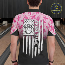 Load image into Gallery viewer, Pink ribbon pattern Men bowling shirt Custom American flag patriotic breast cancer bowling team shirt NQS10411