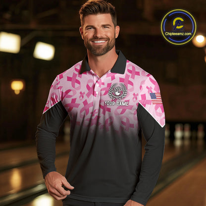 Pink ribbon pattern Men bowling shirt Custom American flag patriotic breast cancer bowling team shirt NQS10411