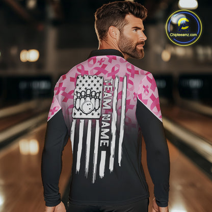 Pink ribbon pattern Men bowling shirt Custom American flag patriotic breast cancer bowling team shirt NQS10411