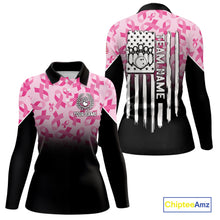 Load image into Gallery viewer, Pink ribbon pattern Women bowling shirt Custom American flag patriotic breast cancer bowling jersey NQS10411