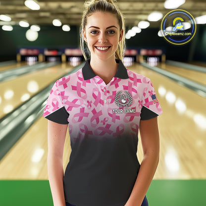 Pink ribbon pattern Women bowling shirt Custom American flag patriotic breast cancer bowling jersey NQS10411