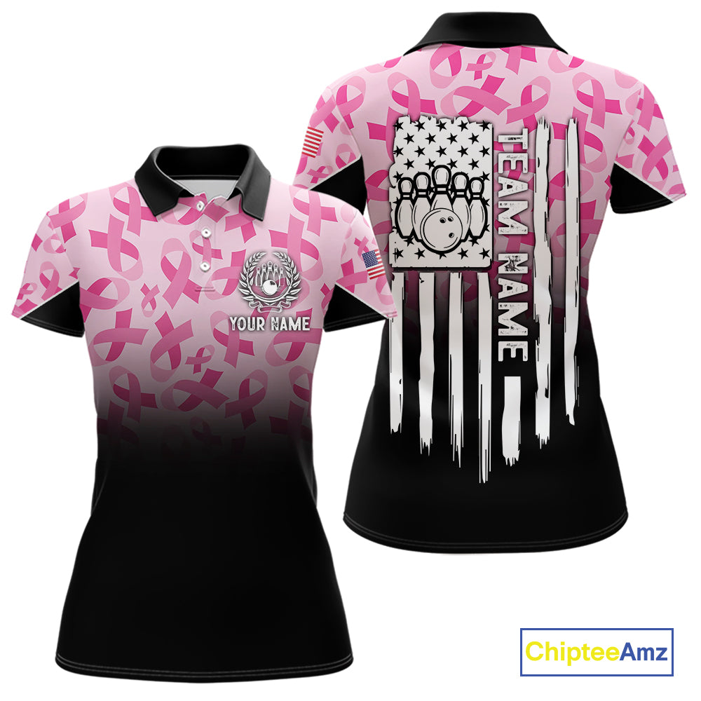 Pink ribbon pattern Women bowling shirt Custom American flag patriotic breast cancer bowling jersey NQS10411