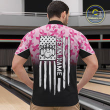 Load image into Gallery viewer, Pink ribbon pattern Men bowling shirt Custom American flag patriotic breast cancer bowling team shirt NQS10411