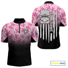 Load image into Gallery viewer, Pink ribbon pattern Men bowling shirt Custom American flag patriotic breast cancer bowling team shirt NQS10411