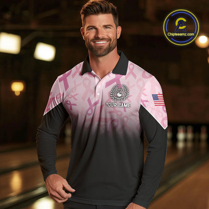 Mens bowling shirt Custom American flag patriotic Pink ribbon breast cancer bowling team jersey NQS10412