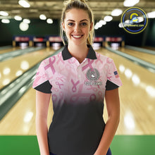 Load image into Gallery viewer, Womens bowling shirt Custom American flag patriotic Pink ribbon breast cancer bowling team jersey NQS10412