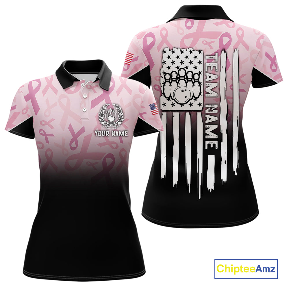 Womens bowling shirt Custom American flag patriotic Pink ribbon breast cancer bowling team jersey NQS10412