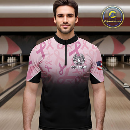Mens bowling shirt Custom American flag patriotic Pink ribbon breast cancer bowling team jersey NQS10412