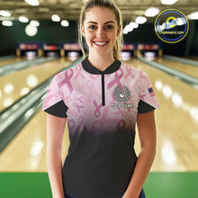 Load image into Gallery viewer, Womens bowling shirt Custom American flag patriotic Pink ribbon breast cancer bowling team jersey NQS10412