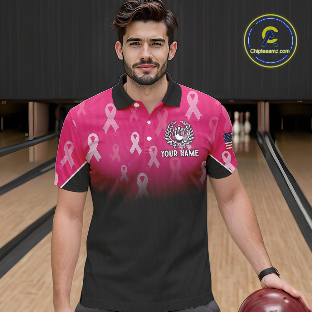 Custom American flag patriotic Pink ribbon breast cancer bowling shirt for men bowling team jersey NQS10413