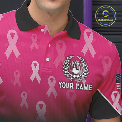Custom American flag patriotic Pink ribbon breast cancer bowling shirt for men bowling team jersey NQS10413