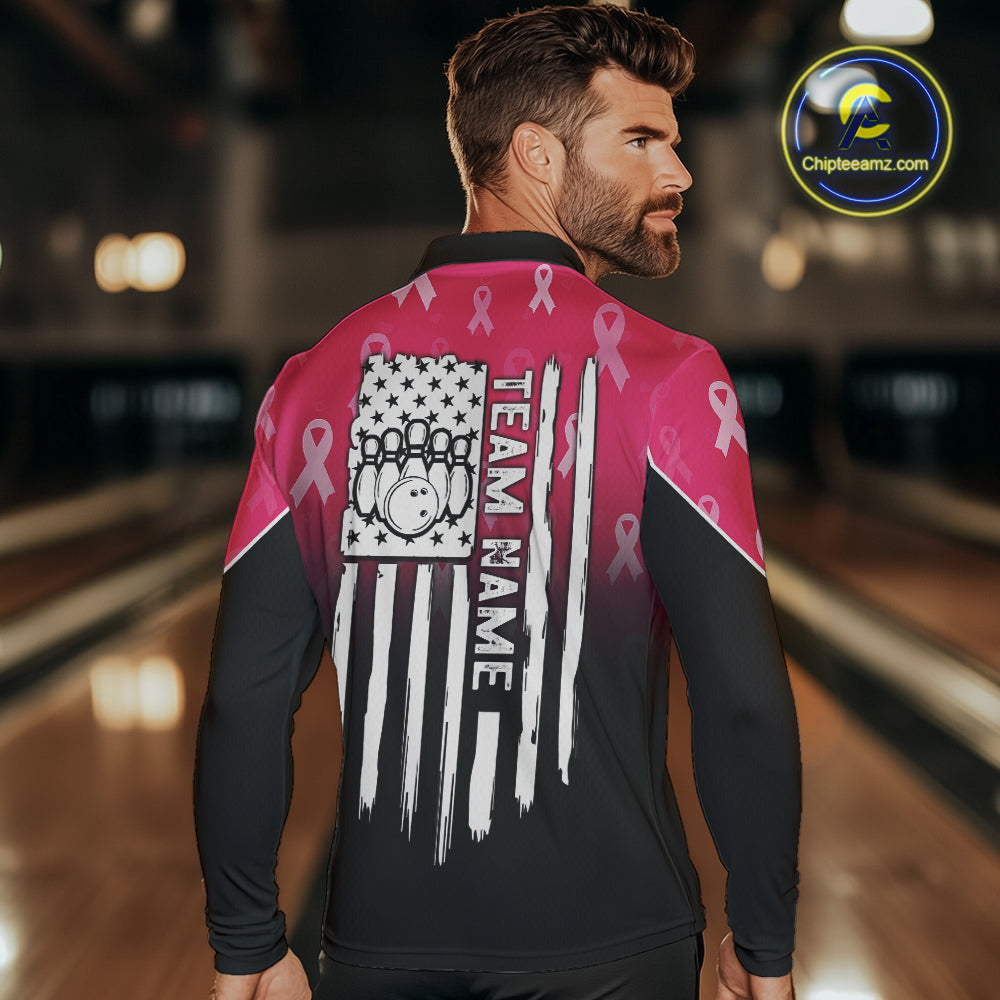 Custom American flag patriotic Pink ribbon breast cancer bowling shirt for men bowling team jersey NQS10413