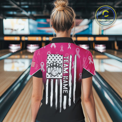Custom American flag patriotic Pink ribbon breast cancer bowling shirt for Women bowling team jersey NQS10413