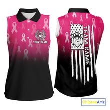 Load image into Gallery viewer, Custom American flag patriotic Pink ribbon breast cancer bowling Sleeveless polo shirt team jersey NQS10413