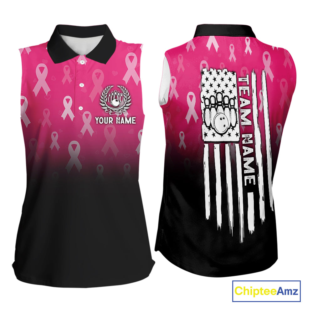 Custom American flag patriotic Pink ribbon breast cancer bowling Sleeveless polo shirt team jersey NQS10413