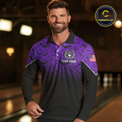 Purple Halloween pattern Custom American flag patriotic Bowling shirt for men, Bowling team jersey NQS10415