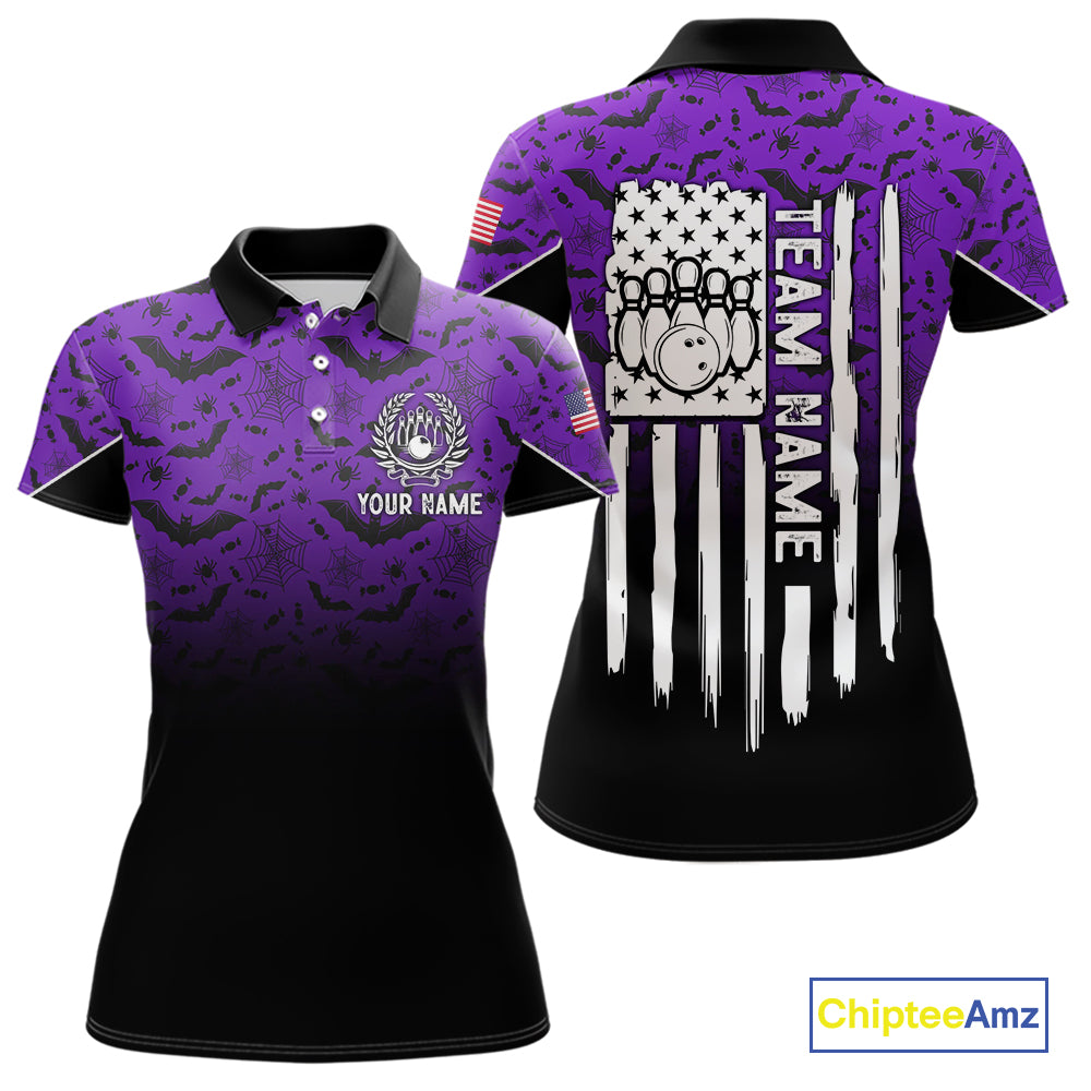 Purple Halloween pattern Custom American flag patriotic Bowling shirt for Women, Bowling team jersey NQS10415