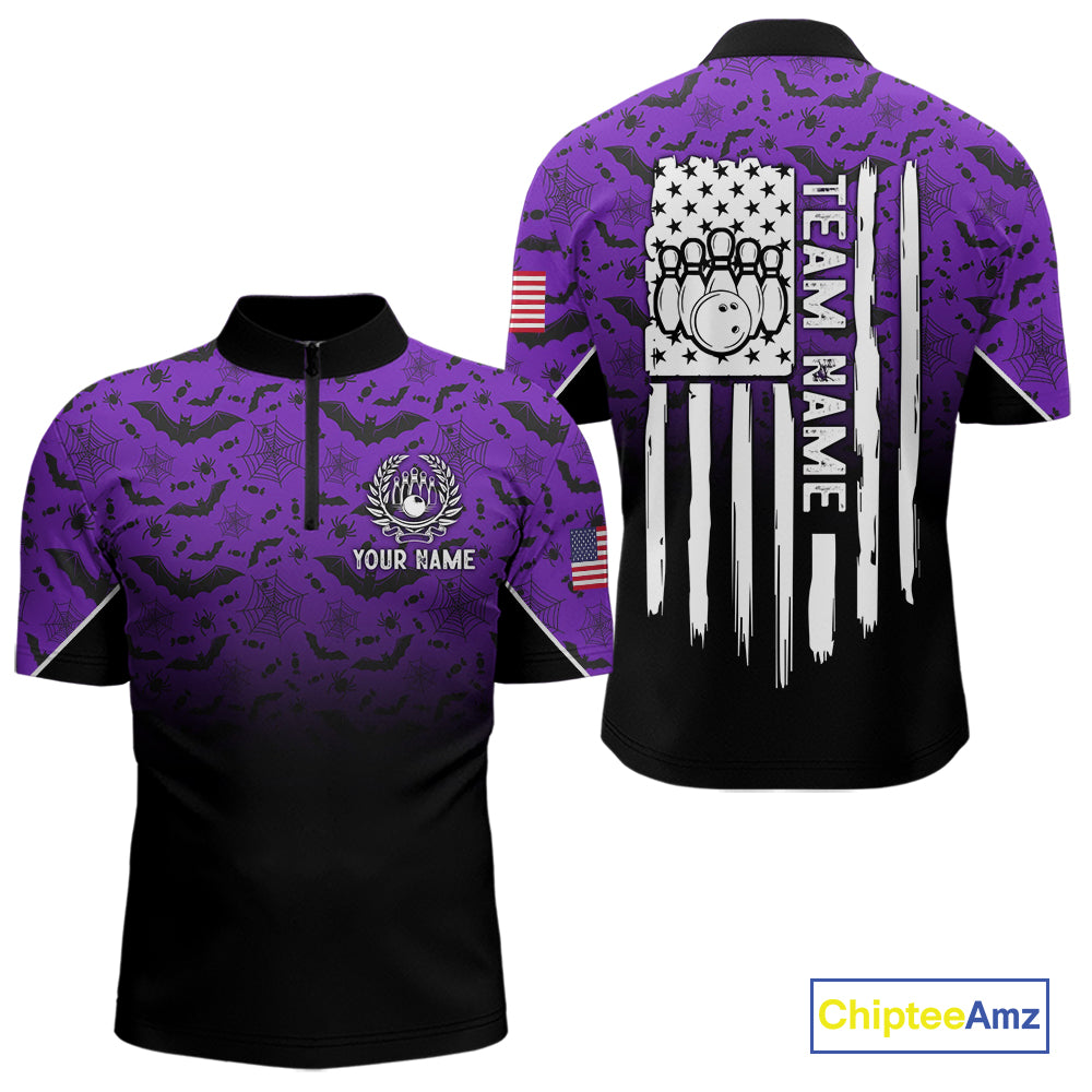 Purple Halloween pattern Custom American flag patriotic Bowling shirt for men, Bowling team jersey NQS10415