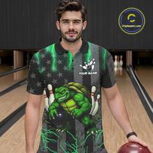 Load image into Gallery viewer, Black American flag Men&#39;s bowling shirts Custom Green lightning thunder Turtle Bowling Team Jerseys NQS10623