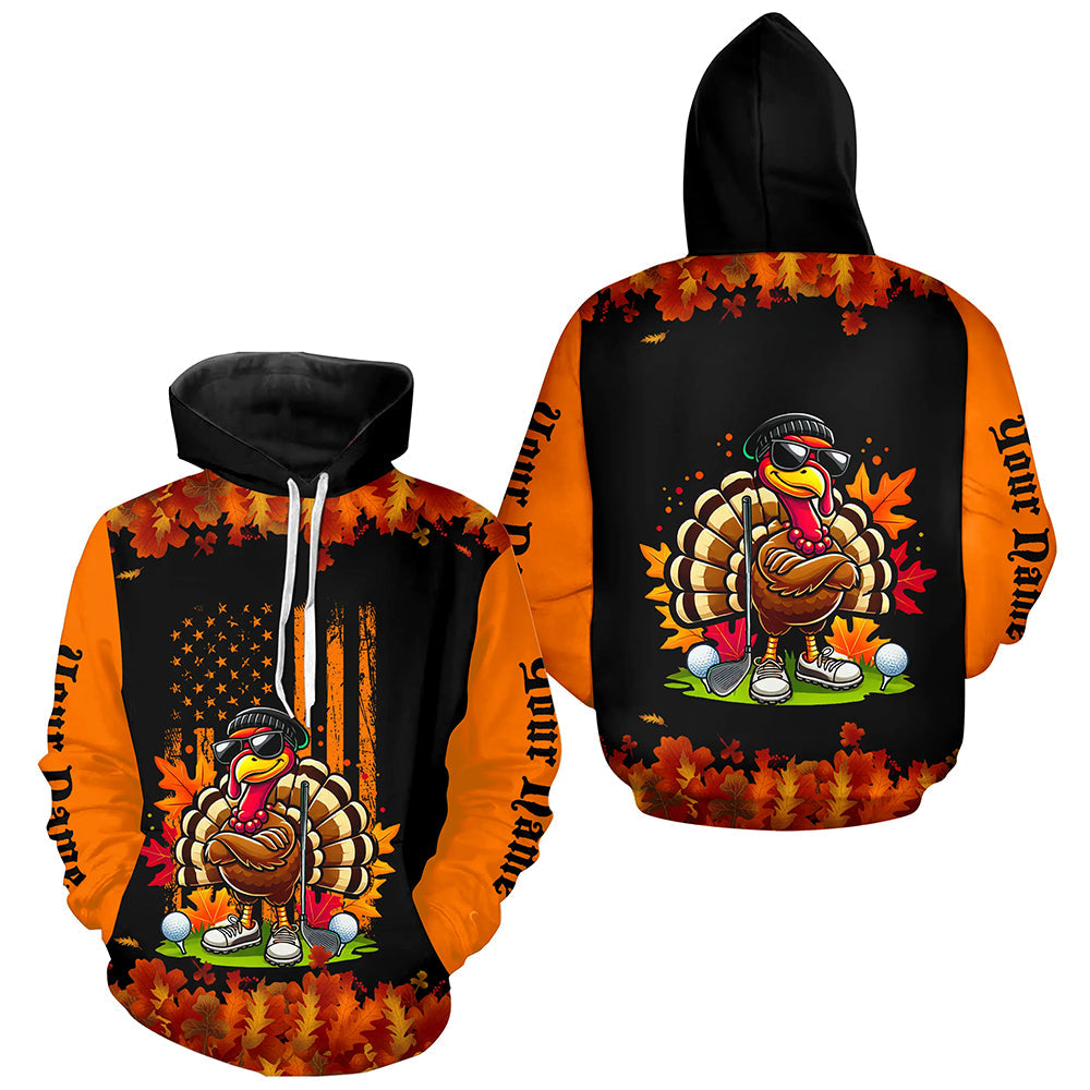 Black and Orange Autumn American Flag Thanksgiving Turkey custom Golf Hoodies unique golf gift NQS8674