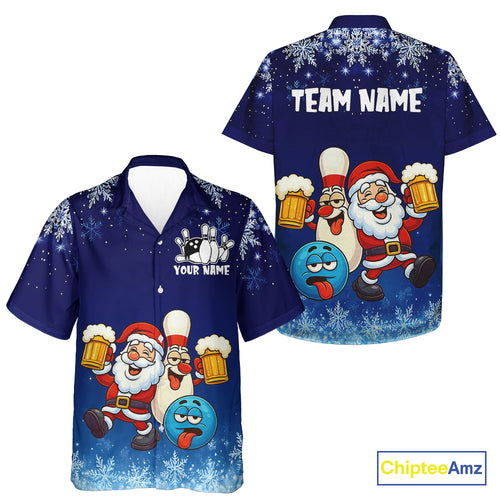 Funny Santa Drink Beer Blue snowflake Bowling Hawaiian Shirts Custom Christmas Bowling Team Jerseys NQS11056